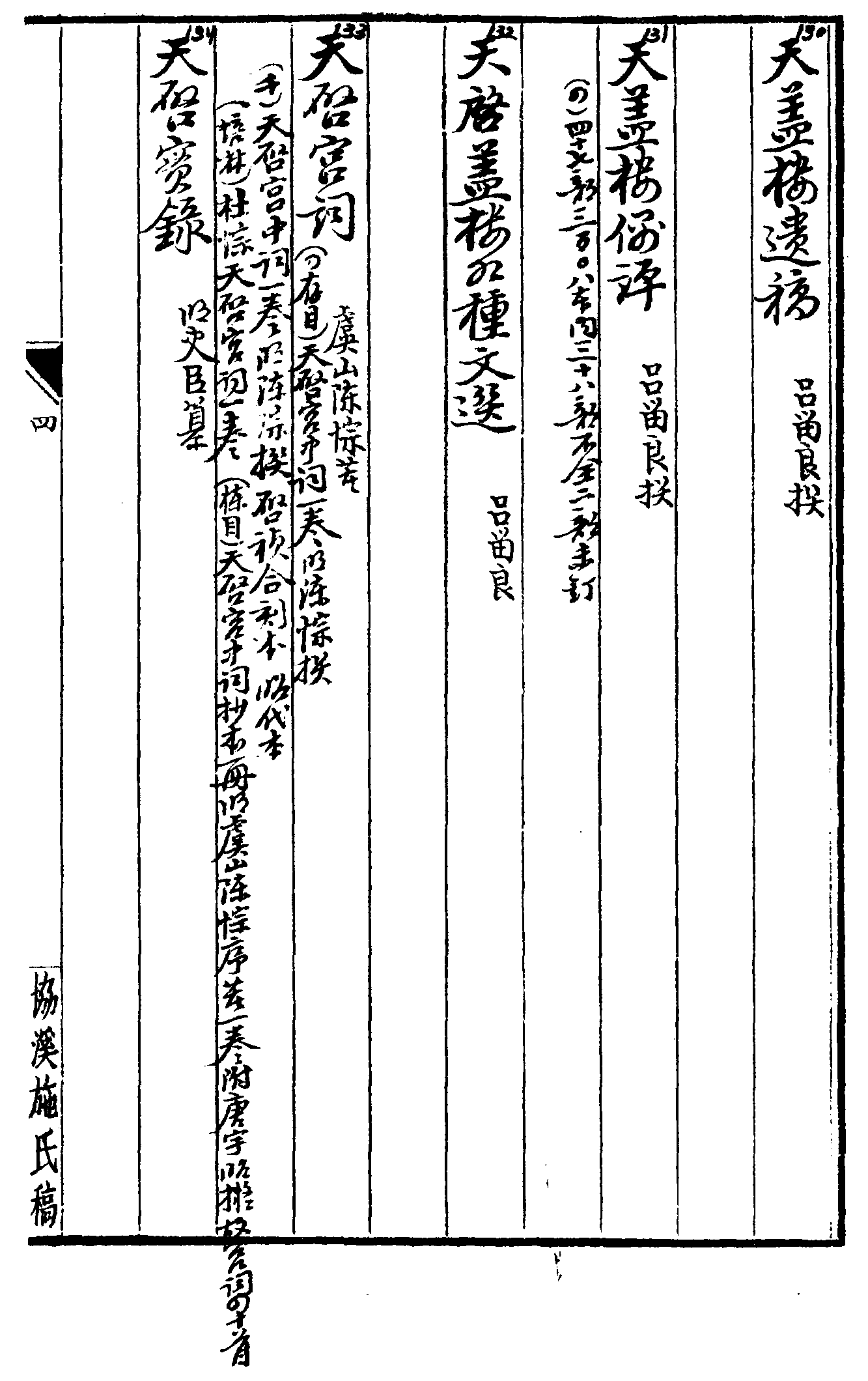 天潮閣集 天潢譜 天蓋樓四書(shū)語(yǔ)録 天蓋樓遺稿 天蓋樓偶評(píng) 天蓋樓各種文選 天啓宮詞 天啓實(shí)録 天啓古文 天平集 天下名家詩(shī)觀 天垣疏略 天聽(tīng)樓偶興 天元玉曆 天元玉曆祥異賦 天崇文讀本 天問(wèn)閣文集 天傭子集 天外談 天然瞎堂詩(shī)集 天然和尚語(yǔ)録 天風(fēng)堂集